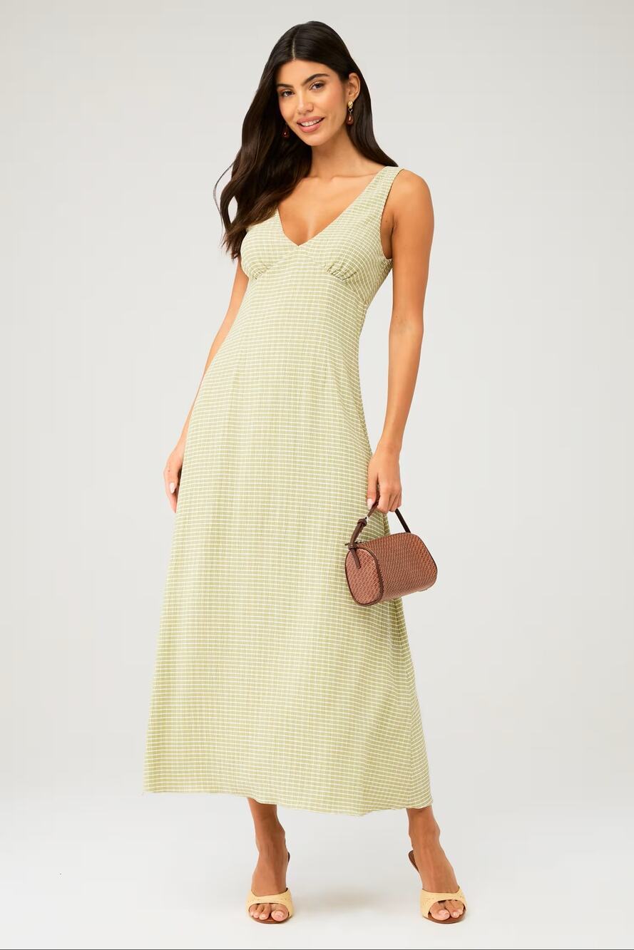 Etre Aime Maxi Dress Green Striped Deep V Neck Sleeveless A Line Size S